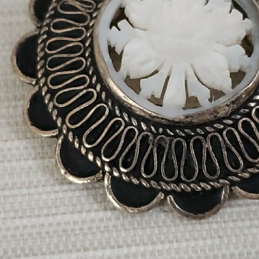 Vintage 935 Silver Jerusalem Carved Mother Of Pearl Flower Brooch Pin Pendant